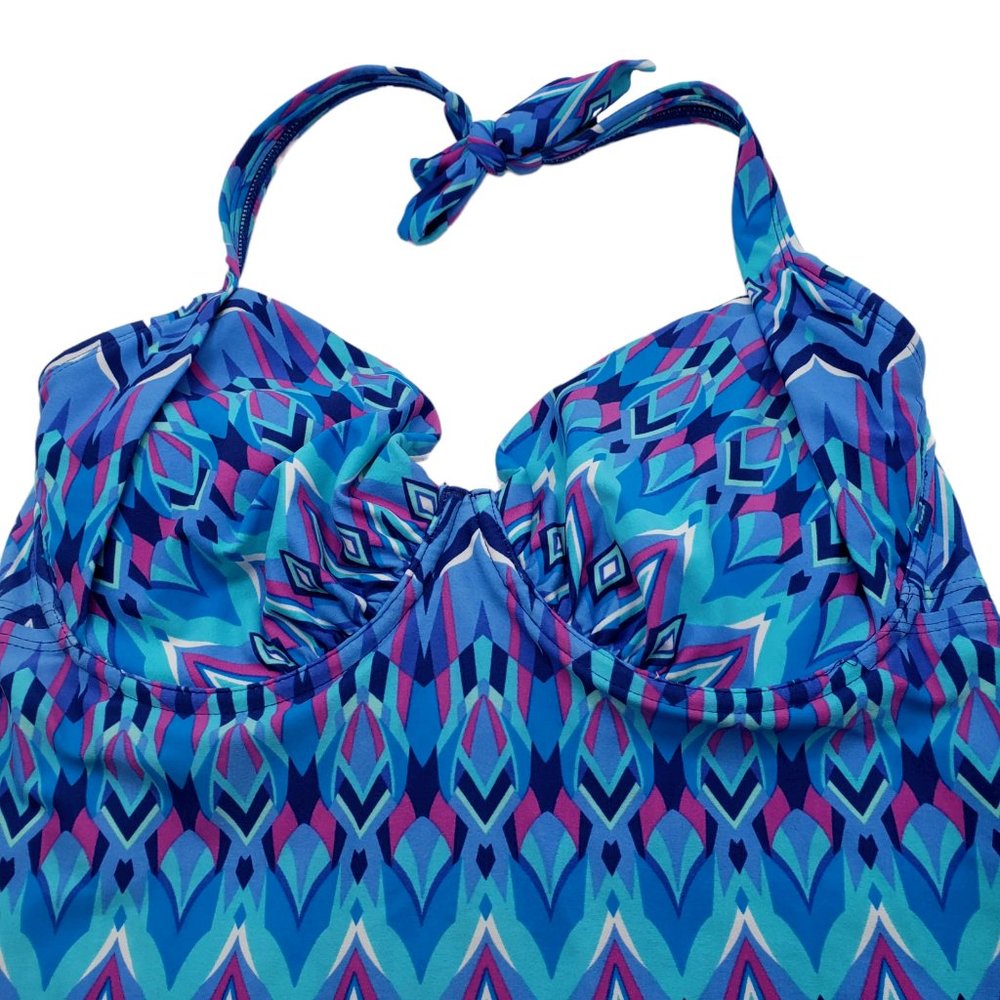 Beach Diva Blue Pink Geometric Tankini Swim Suit Top Size 34DD Built in bra - Picture 2 of 6